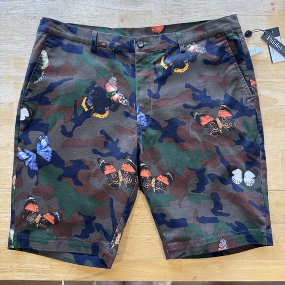 Paisley & Gray Mens Shorts 34W Slim Fit Chino All Over Print Camo & Butterflies - Picture 2 of 11